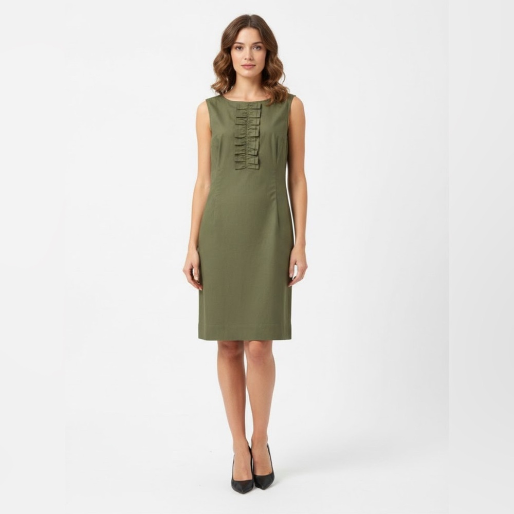 Talbots NWT Olive Green Ruffle Front Sleeveless Shirt Dress Cotton Size 12P